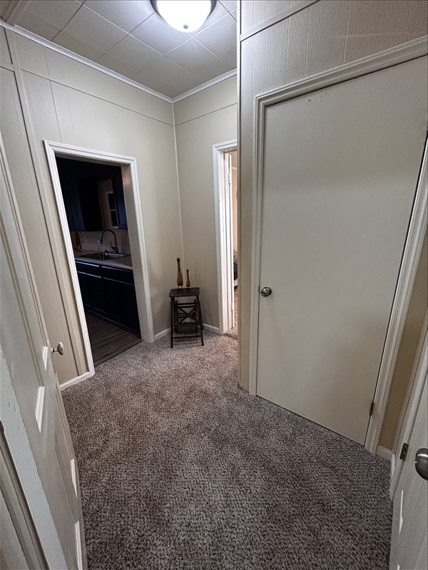 1617 N Church St, Marceline, MO 64658 - corridor featuring carpet flooring and ornamental molding