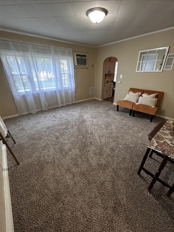 1617 N Church St, Marceline, MO 64658 - unfurnished room with arched walkways, ornamental molding, carpet floors, and a wall mounted AC