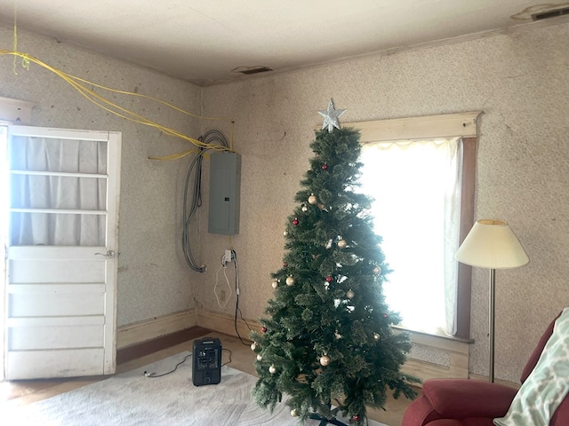 307 4th St, Ludlow, MO 64656 - interior space featuring electric panel, crown molding, plenty of natural light, and visible vents