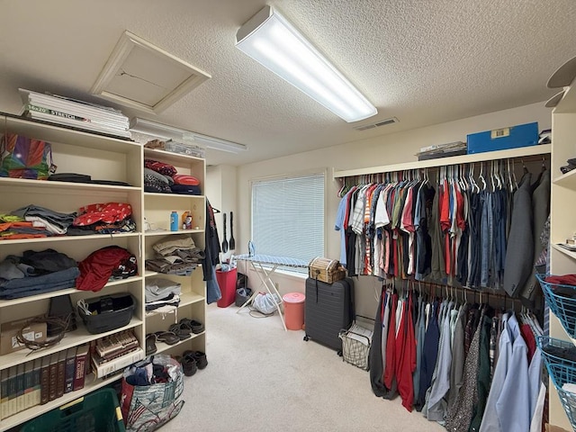 walk in closet with carpet flooring, visible vents, and attic access