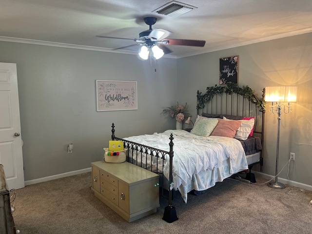 bedroom with ceiling fan, carpet floors, and ornamental molding