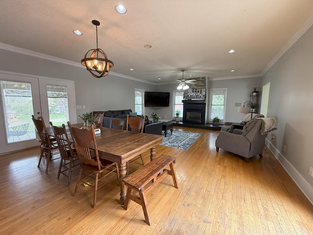 dining space featuring a wealth of natural light, a fireplace, and light wood finished floors