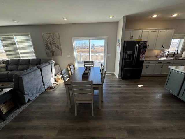 dining area featuring sink and dark hardwood / wood-style floors