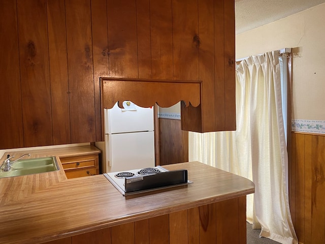 1216 Alexander, Chillicothe, MO 64601 - kitchen featuring freestanding refrigerator, a sink, brown cabinets, wood walls, and butcher block countertops