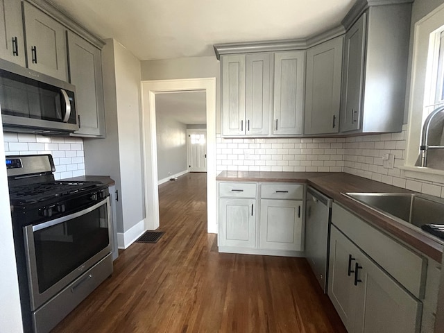 kitchen with backsplash, dark wood-type flooring, baseboards, gray cabinets, and stainless steel appliances