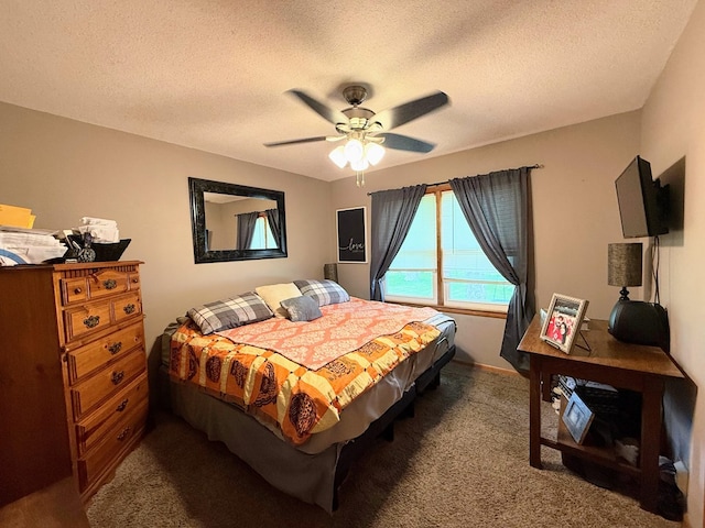 609 E Clark St, La Plata, MO 63549 - bedroom with dark colored carpet, a textured ceiling, and a ceiling fan