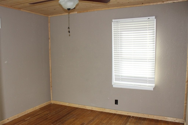 unfurnished room with dark wood finished floors, wood ceiling, and ceiling fan