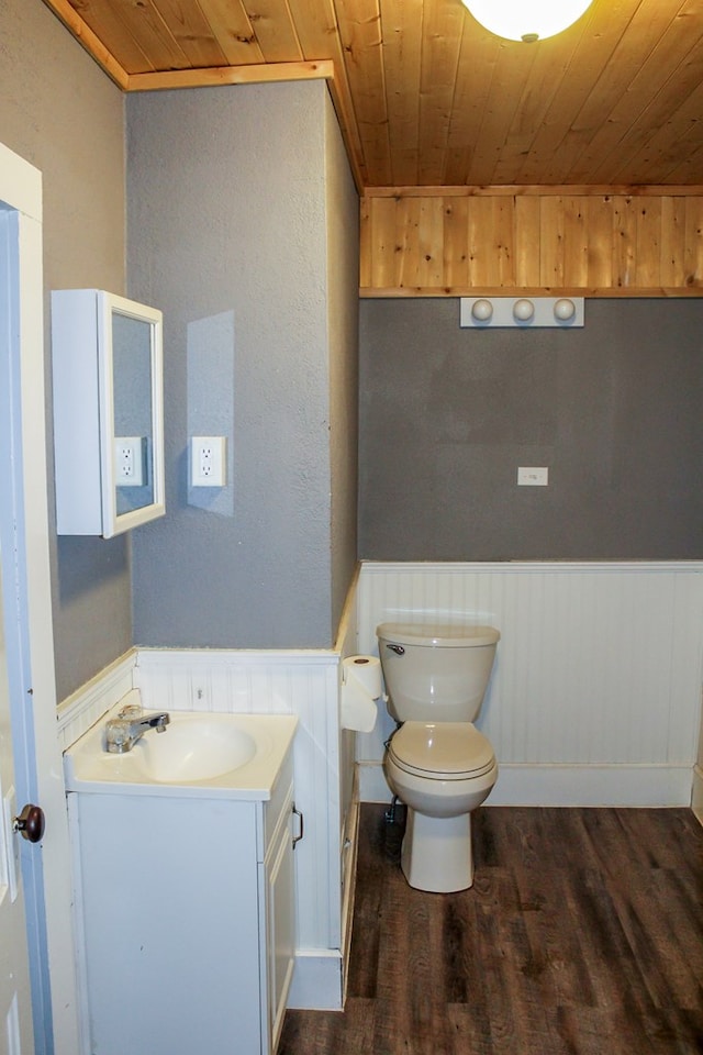 bathroom featuring wainscoting, toilet, wood ceiling, wood finished floors, and vanity