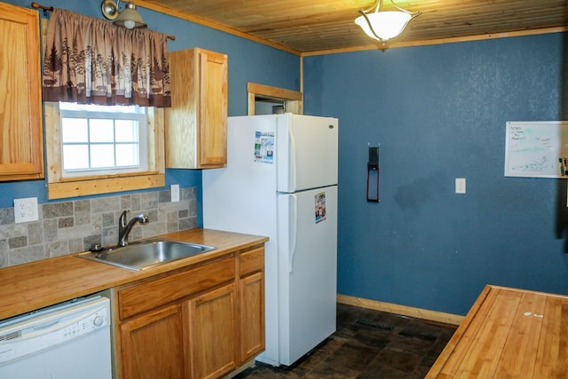 kitchen with white appliances, a sink, wood ceiling, wood counters, and backsplash