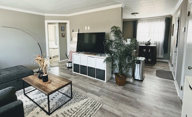 living area with baseboards, ornamental molding, and wood finished floors