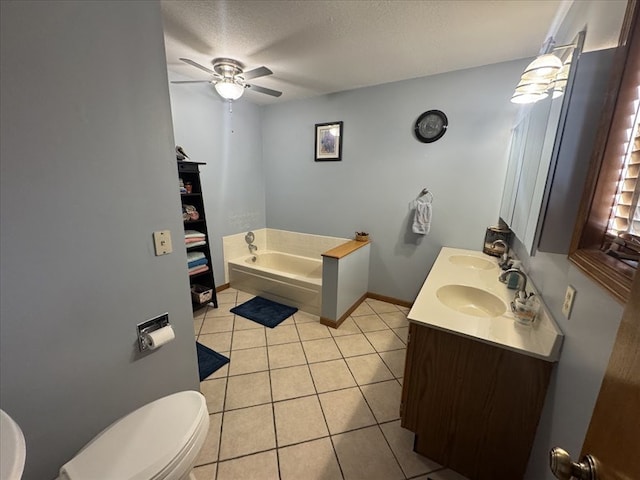 bathroom with a textured ceiling, vanity, ceiling fan, tile patterned flooring, and a washtub