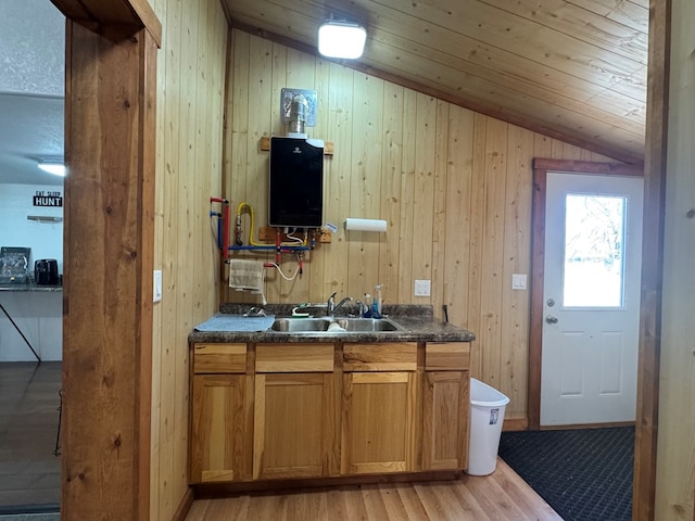 959 Union, Unionville, MO 63565 - bathroom with wood ceiling, wood walls, wood finished floors, vanity, and lofted ceiling