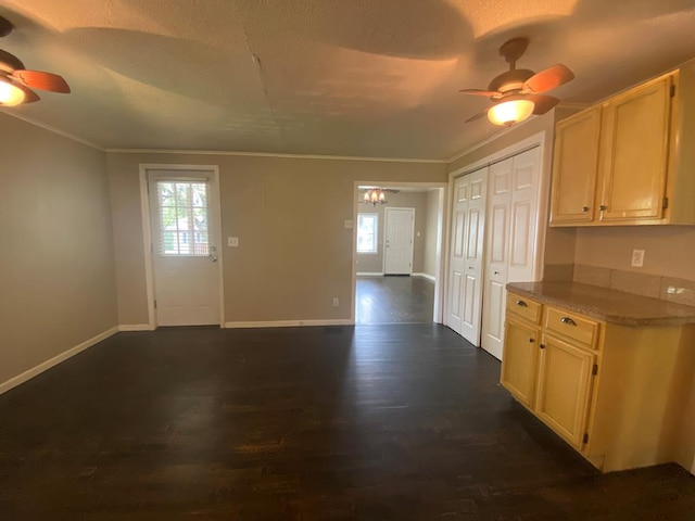 701 E Cottonwood, Kirksville, MO 63501 - kitchen with light brown cabinets, ceiling fan with notable chandelier, dark hardwood / wood-style floors, and crown molding
