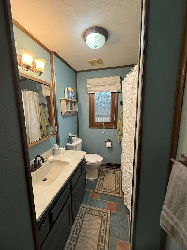 bathroom with vanity, a textured ceiling, and toilet