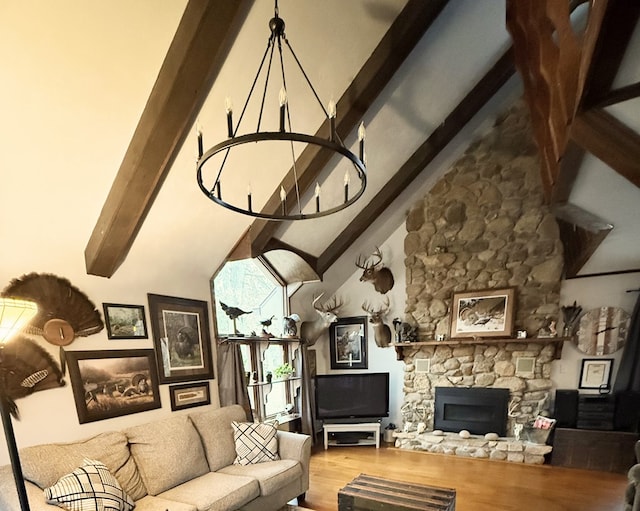 living room featuring a fireplace, wood-type flooring, high vaulted ceiling, and beamed ceiling