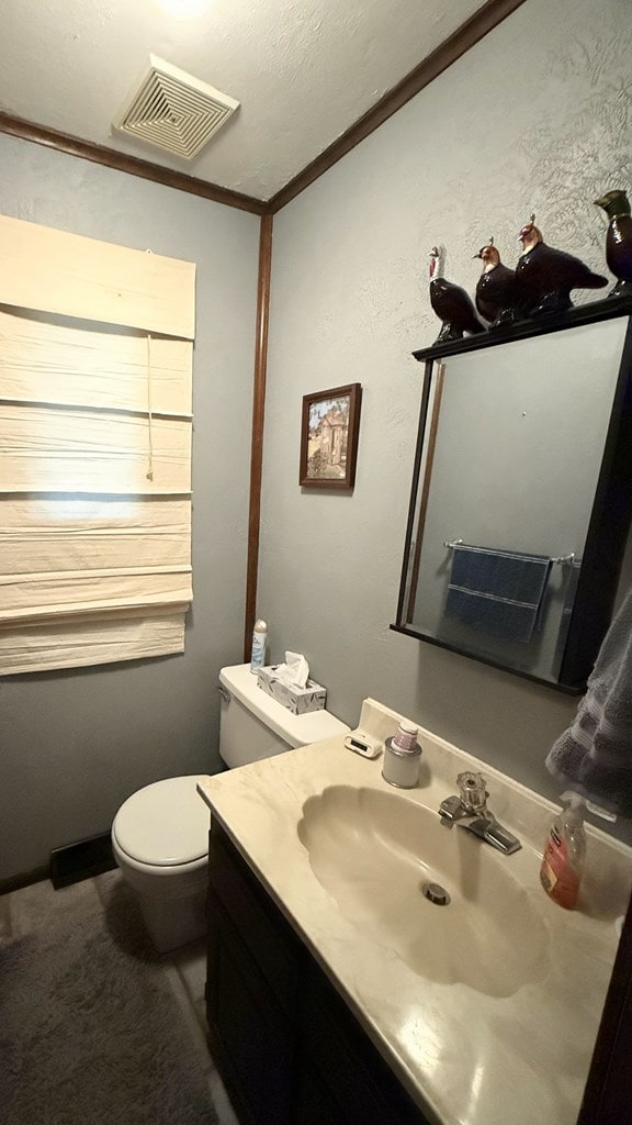 bathroom featuring crown molding, vanity, and toilet