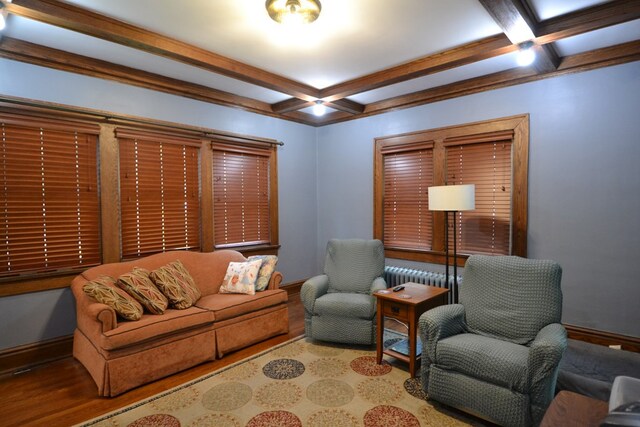 407 E Harrison St, Kirksville, MO 63501 - living area featuring coffered ceiling, beam ceiling, radiator, baseboards, and wood finished floors