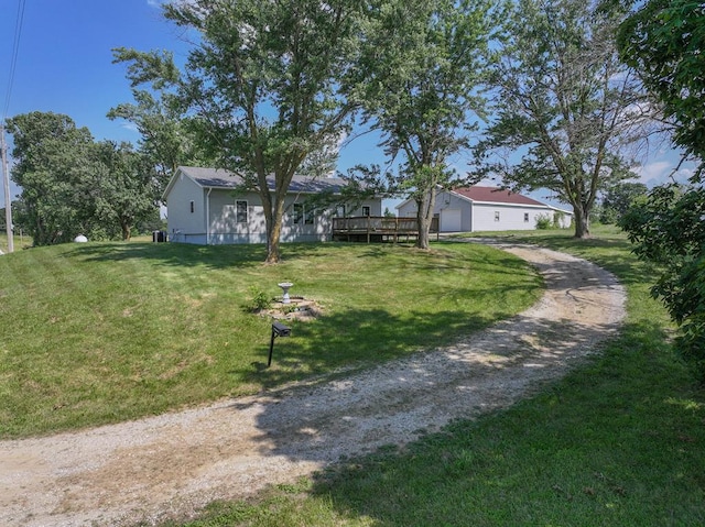 25340 SW Blvd, Bevier, MO 63532 - view of front of house with dirt driveway, a wooden deck, and a front yard