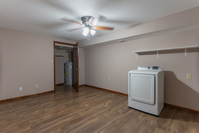 25340 SW Blvd, Bevier, MO 63532 - washroom featuring washer / dryer, water heater, ceiling fan, and wood finished floors