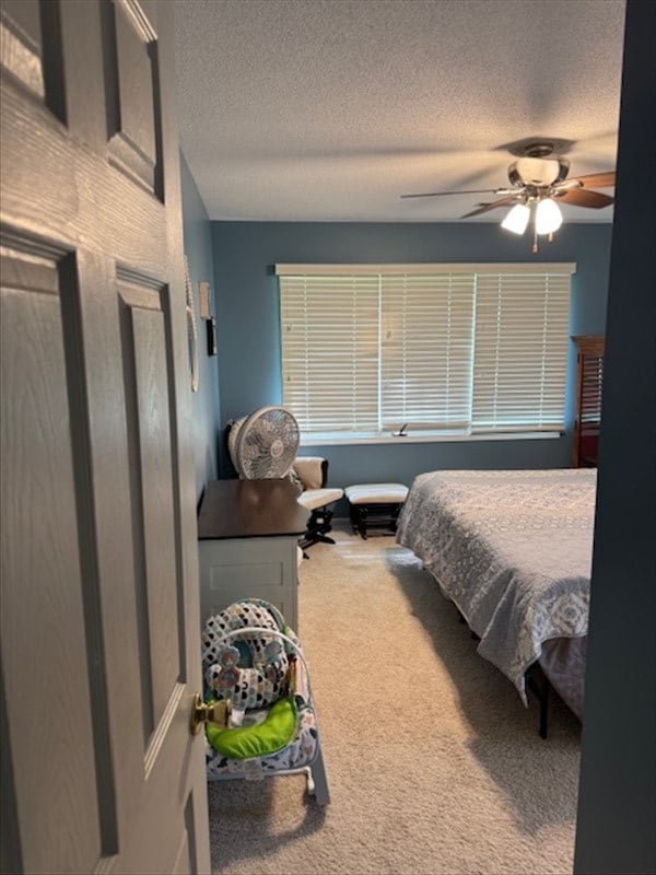 34829 State Highway C, Bevier, MO 63532 - bedroom featuring carpet flooring, a textured ceiling, and a ceiling fan