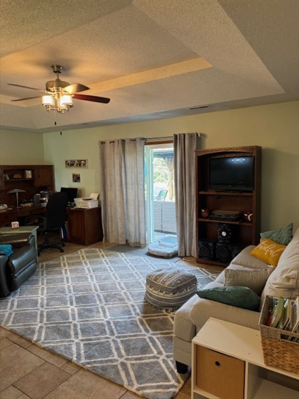 34829 State Highway C, Bevier, MO 63532 - living room with a raised ceiling, a desk, a ceiling fan, and a textured ceiling