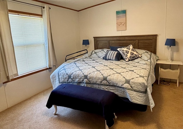 bedroom with crown molding and carpet floors