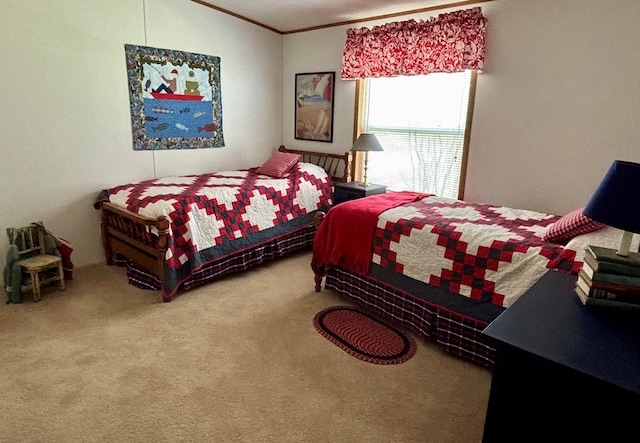 bedroom featuring crown molding and carpet floors