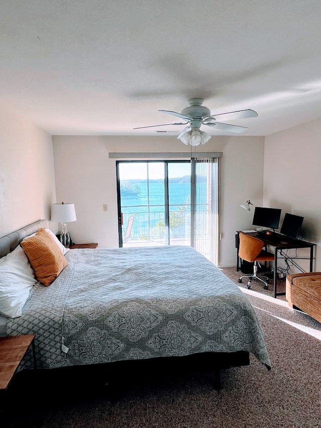 bedroom with carpet floors, access to outside, and ceiling fan