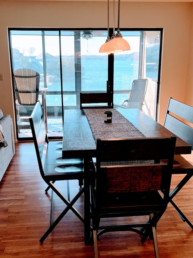 dining room with hardwood / wood-style flooring and a water and mountain view