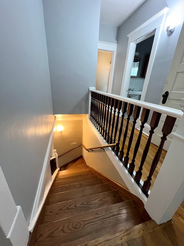 stairway with hardwood / wood-style floors