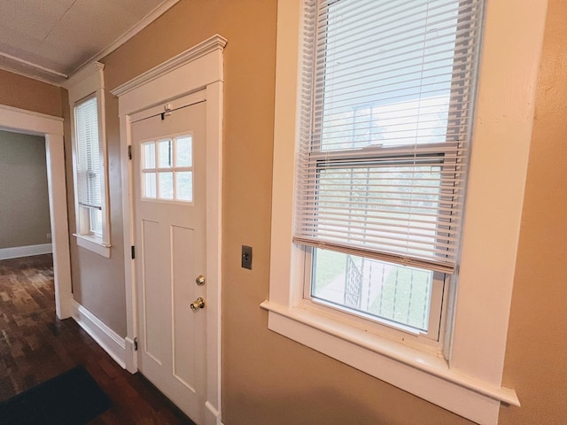 doorway with crown molding and dark hardwood / wood-style flooring