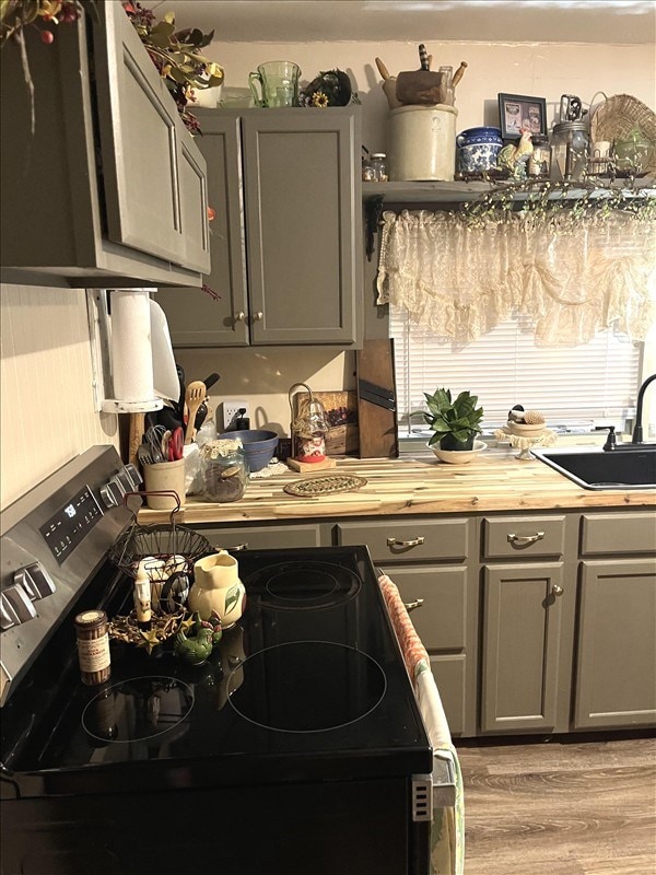 201 N Wentz, Macon, MO 63552 - kitchen with gray cabinets, stainless steel electric range oven, and light wood-style floors