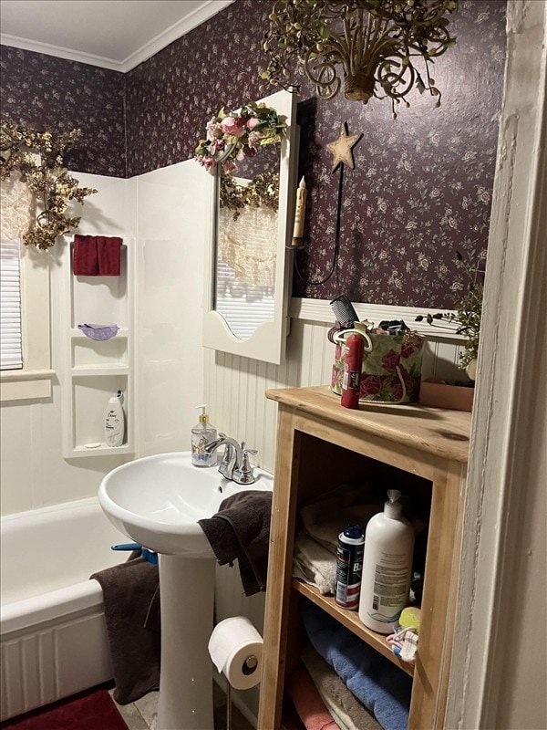201 N Wentz, Macon, MO 63552 - bathroom featuring wallpapered walls, ornamental molding, and a wainscoted wall