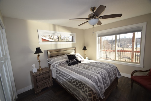 bedroom featuring ceiling fan, dark hardwood / wood-style floors, and a closet