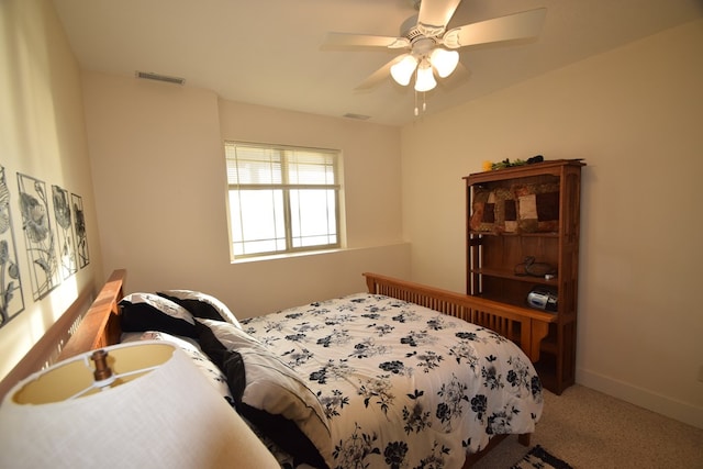 bedroom featuring ceiling fan and carpet floors