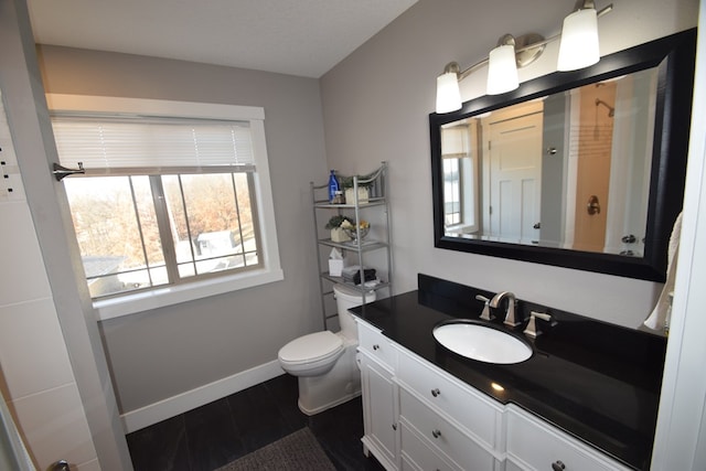 bathroom with a shower, wood-type flooring, toilet, and vanity