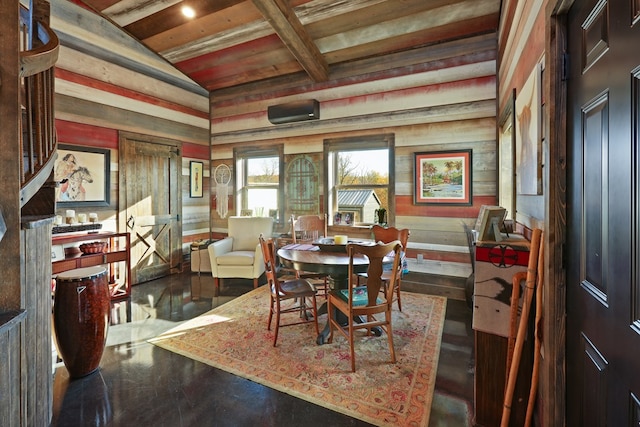 dining room with vaulted ceiling with beams and wood ceiling