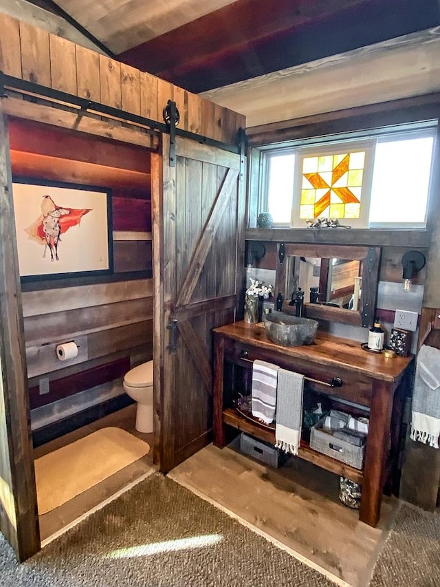 bar featuring a barn door, carpet floors, and wooden walls