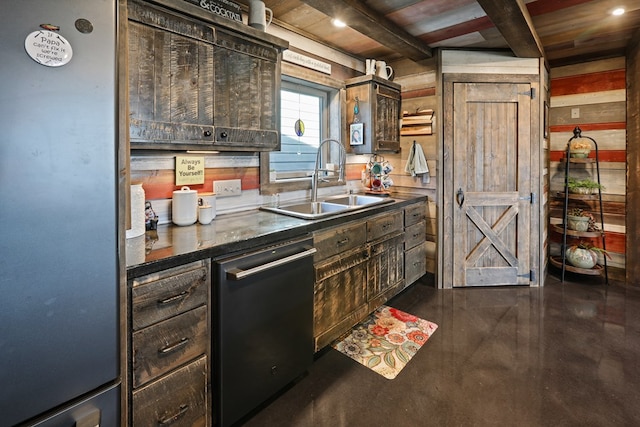 kitchen with sink, beamed ceiling, wood ceiling, and appliances with stainless steel finishes