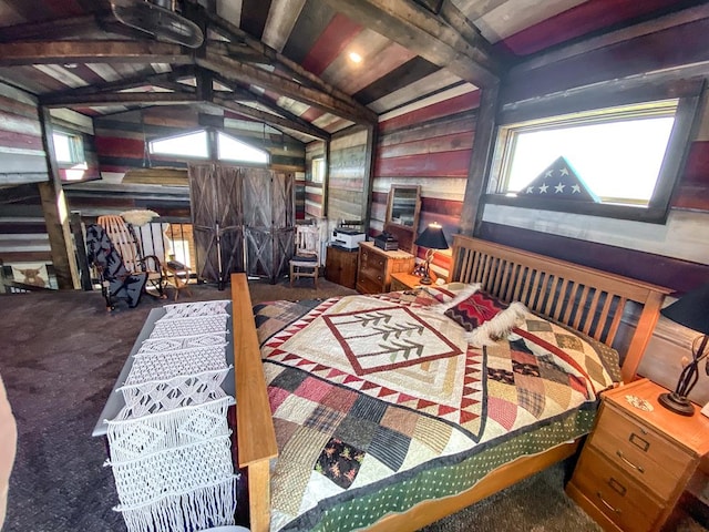 bedroom featuring vaulted ceiling with beams and wooden walls