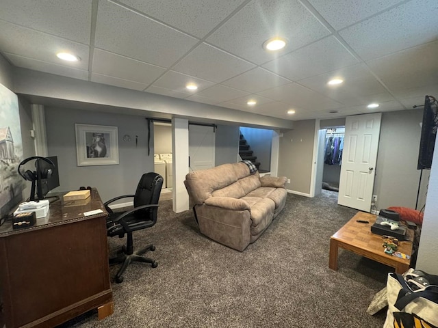 113 Elm St, Milan, MO 63556 - office space featuring carpet, a paneled ceiling, washer and clothes dryer, and recessed lighting