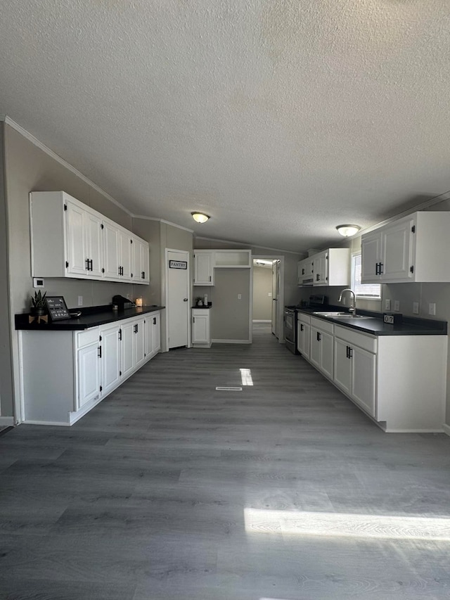 kitchen featuring dark countertops, crown molding, dark wood-type flooring, white cabinetry, and a sink