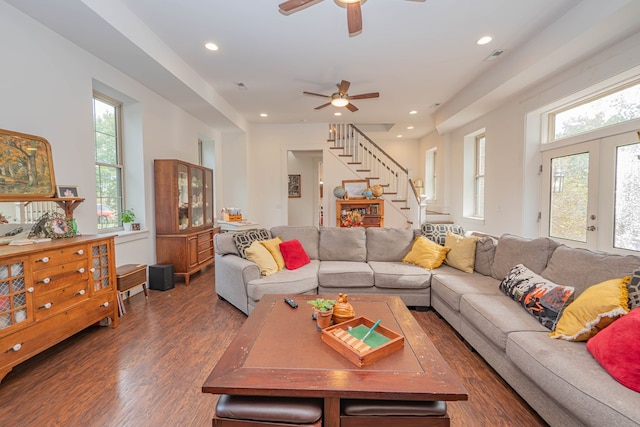 living area featuring french doors, stairway, wood finished floors, and recessed lighting