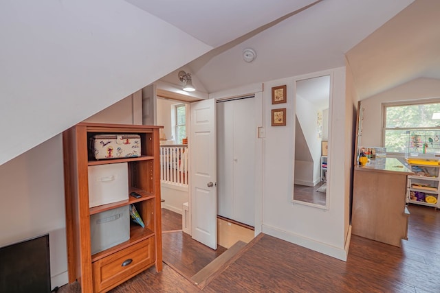 interior space featuring vaulted ceiling, baseboards, and wood finished floors