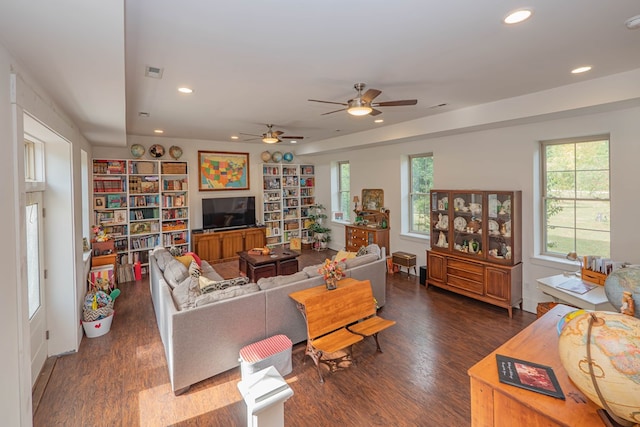 living room featuring recessed lighting, visible vents, and dark wood finished floors