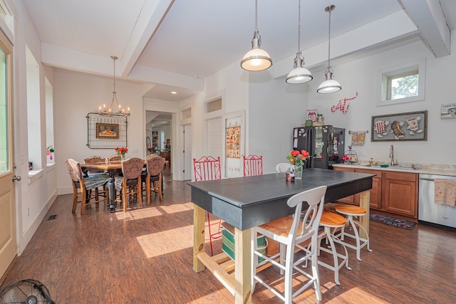 dining area with dark wood-type flooring, beamed ceiling, wet bar, and an inviting chandelier