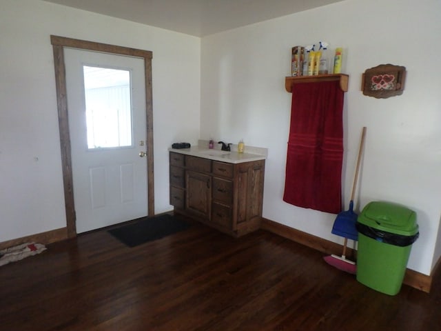 foyer with dark hardwood / wood-style floors and sink