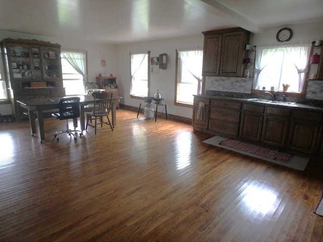 kitchen featuring backsplash, dark brown cabinetry, wood-type flooring, and sink