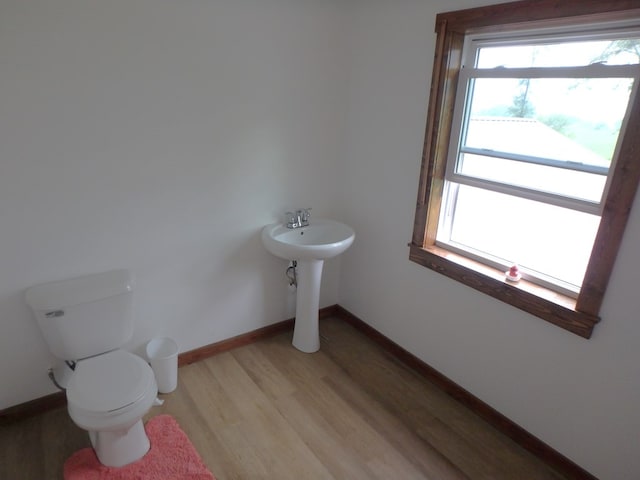 bathroom featuring hardwood / wood-style floors, toilet, and a healthy amount of sunlight