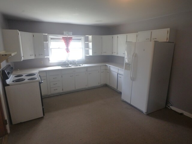 302 N King St, Brashear, MO 63533 - kitchen featuring white cabinets, open shelves, light countertops, a sink, and white appliances